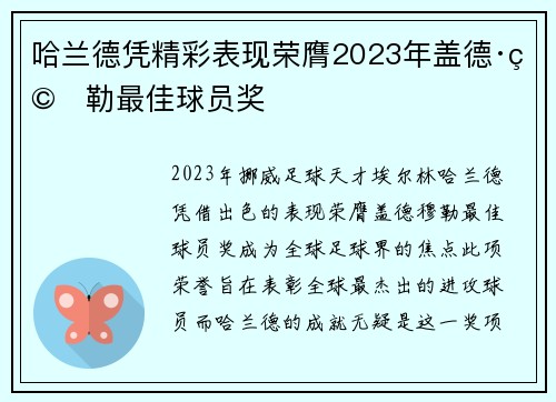 哈兰德凭精彩表现荣膺2023年盖德·穆勒最佳球员奖