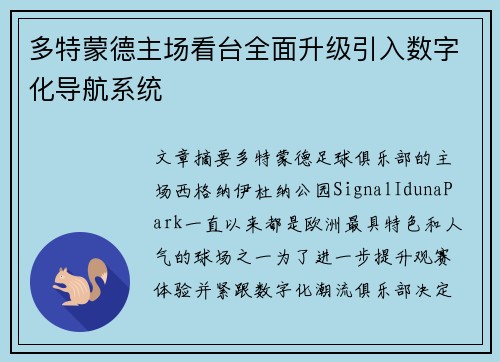 多特蒙德主场看台全面升级引入数字化导航系统